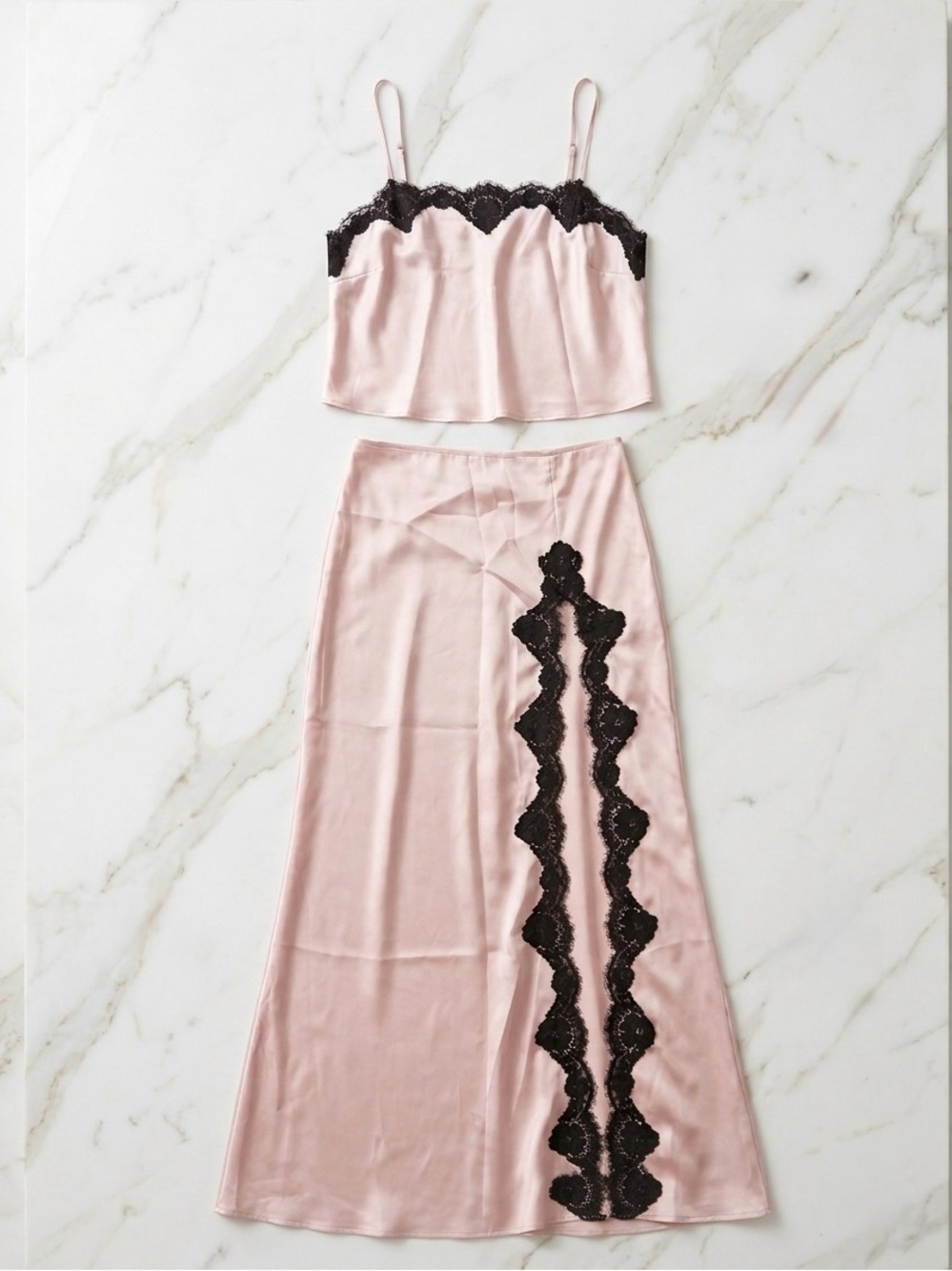Victoria’s Secret Lace Trim Satin Crop Top and Slip Skirt Set